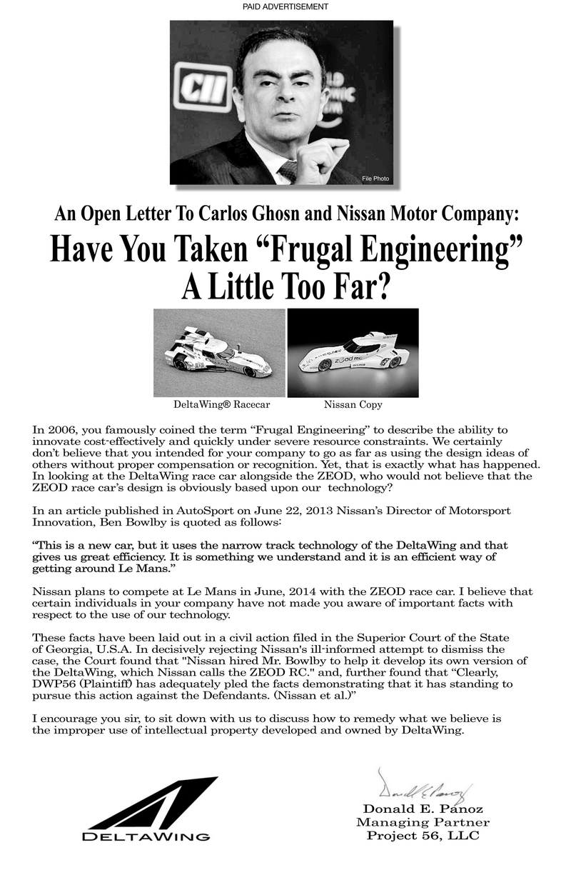 Illustration for article titled Panoz Publicly Calls Out Nissan For Stealing DeltaWing Design